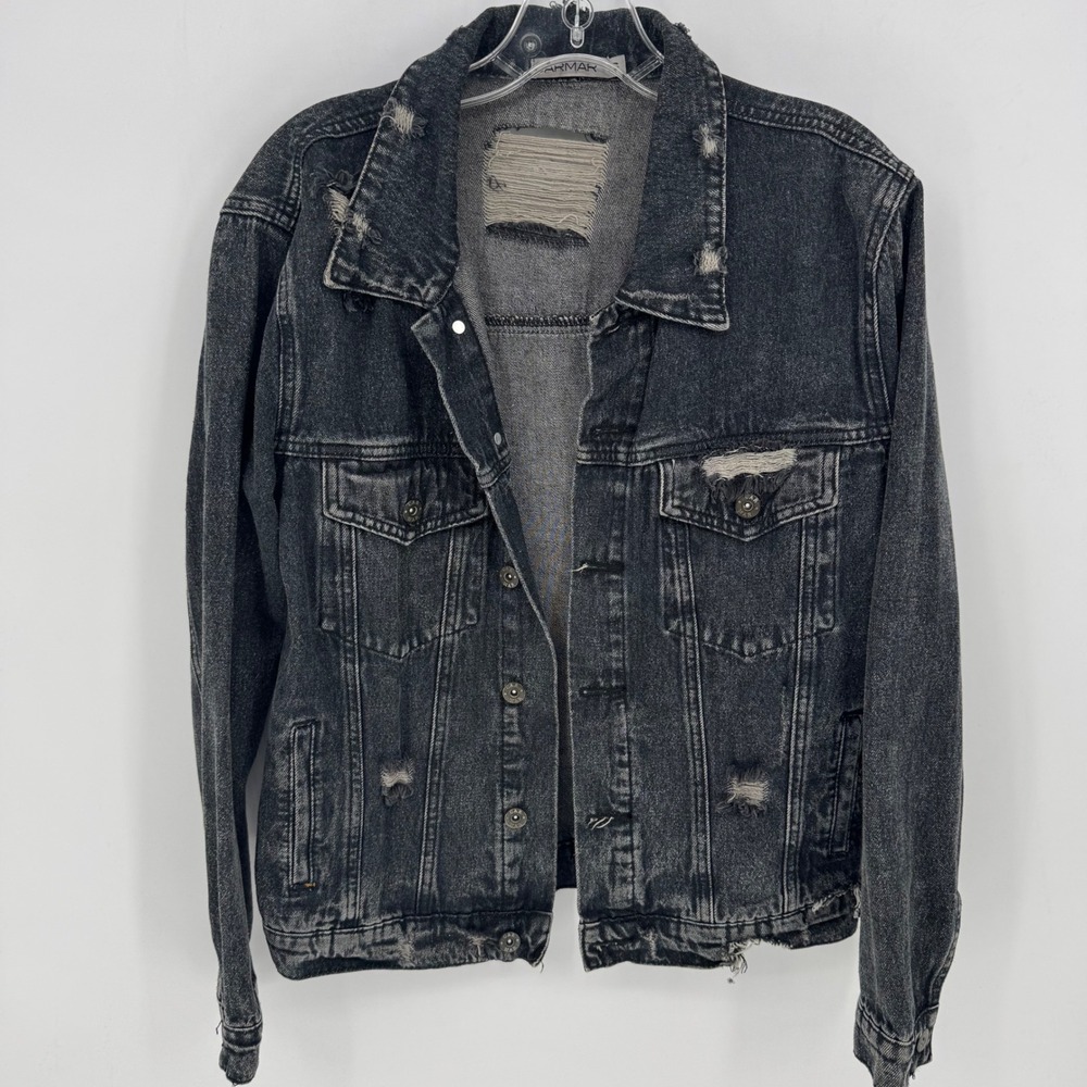 CARMAR‎ Distressed Black Denim Jacket Women Size S Button Front Patched Back